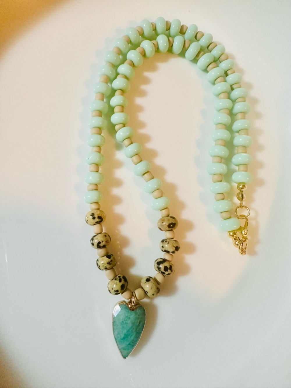Handmade Mint Green Beaded Necklace with Amazonite Heart Pendant.